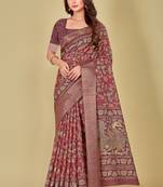 Blood Red Floral Digital Print Kotha Silk Blend Saree