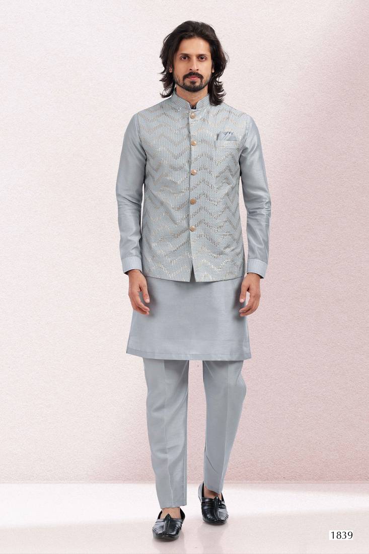 Grey embroidered banarasi silk nehru-jacket
