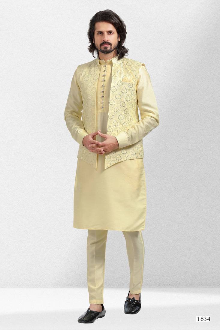 Yellow embroidered banarasi silk nehru-jacket