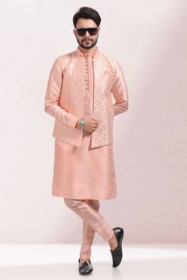 Pink embroidered banarasi silk nehru-jacket 2