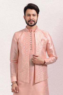 Pink embroidered banarasi silk nehru-jacket 4