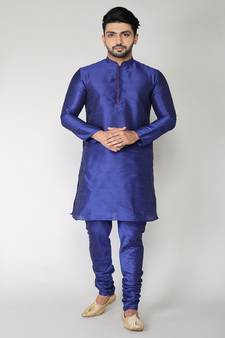 ANAN Men's Festive & Party Navy Blue Dupion Silk Kurta