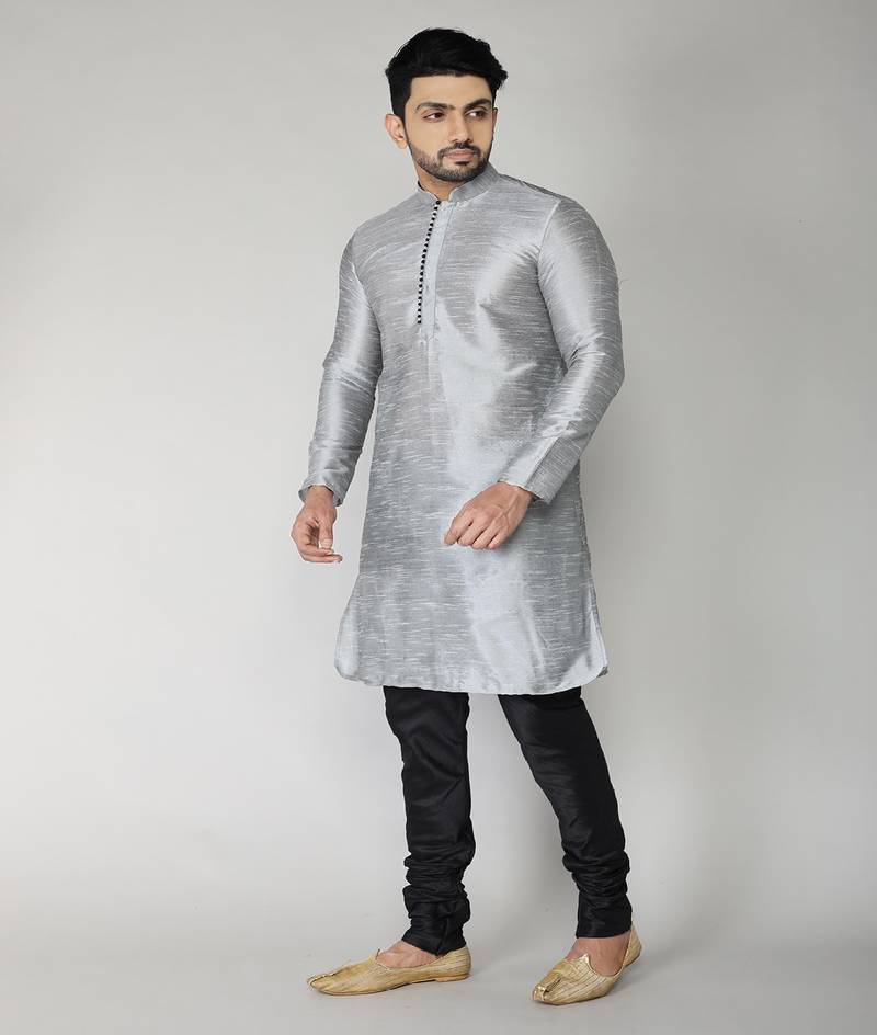 ANAN Men's Festive & Party Sliver Dupion Silk Kurta