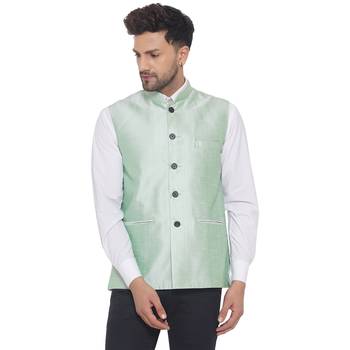 Green printed pure banarasi nehru-jacket 1