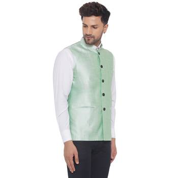 Green printed pure banarasi nehru-jacket 2