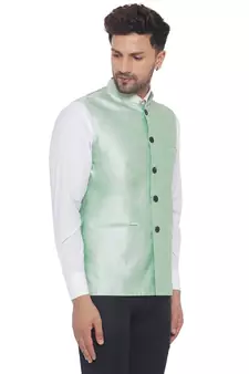 Green printed pure banarasi nehru-jacket
