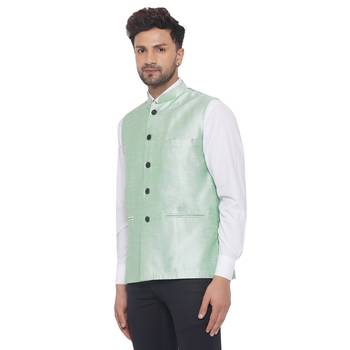 Green printed pure banarasi nehru-jacket 3