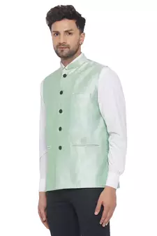 Green printed pure banarasi nehru-jacket