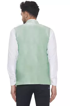 Green printed pure banarasi nehru-jacket