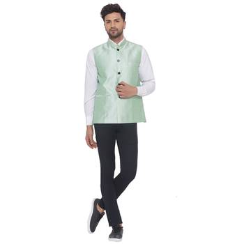 Green printed pure banarasi nehru-jacket 5