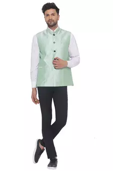 Green printed pure banarasi nehru-jacket