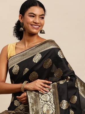 Black Woven Silk Blend Saree With Blouse 1
