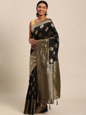 Black Woven Silk Blend Saree With Blouse 3