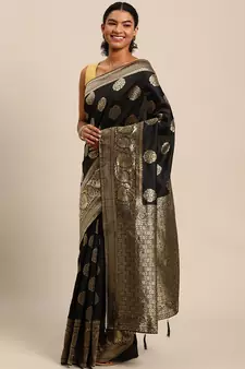 Black Woven Silk Blend Saree With Blouse