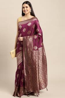 Red Woven Silk Blend Saree With Blouse