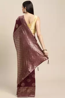Red Woven Silk Blend Saree With Blouse