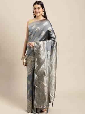Grey Woven Silk Blend Saree With Blouse 2