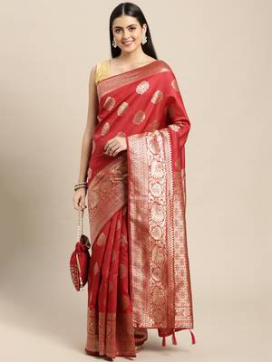 Red Woven Silk Blend Saree With Blouse 2