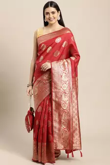 Red Woven Silk Blend Saree With Blouse