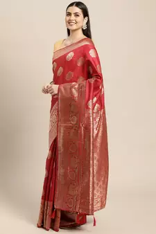 Red Woven Silk Blend Saree With Blouse