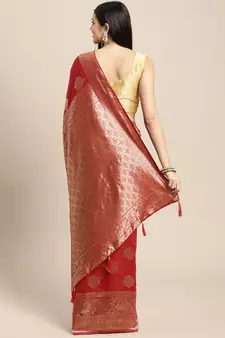 Red Woven Silk Blend Saree With Blouse
