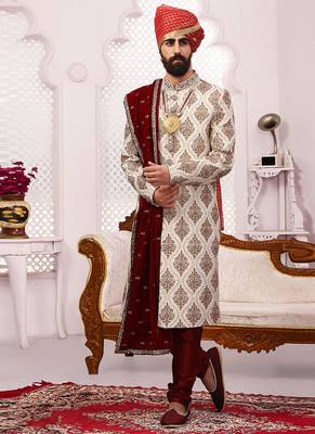 Beige embroidered art silk sherwani 1