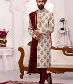 Beige embroidered art silk sherwani