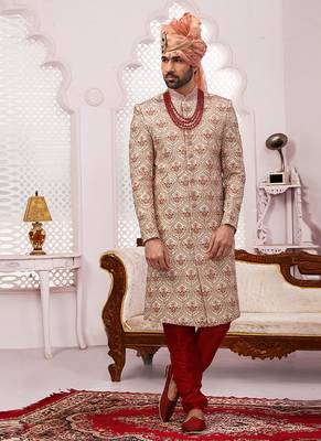 Beige embroidered art silk sherwani 1