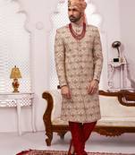 Beige embroidered art silk sherwani