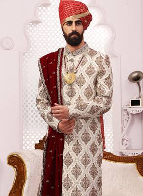Beige embroidered art silk sherwani 2