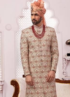 Beige embroidered art silk sherwani 2