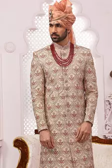 Beige embroidered art silk sherwani