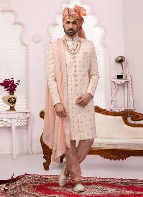 Beige embroidered art silk sherwani 1