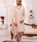 Beige embroidered art silk sherwani