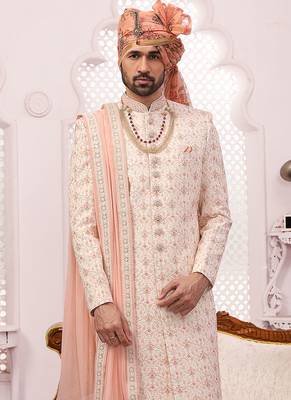 Beige embroidered art silk sherwani 2