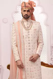 Beige embroidered art silk sherwani