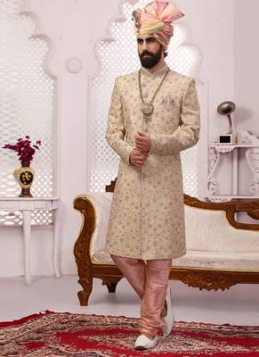 Gold embroidered art silk sherwani 1
