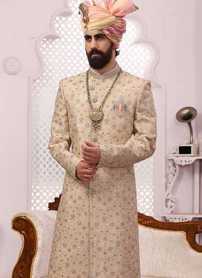 Gold embroidered art silk sherwani 2