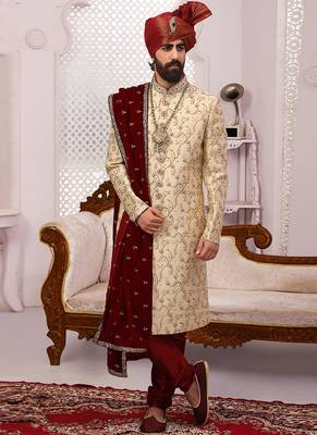 Gold embroidered art silk sherwani 1