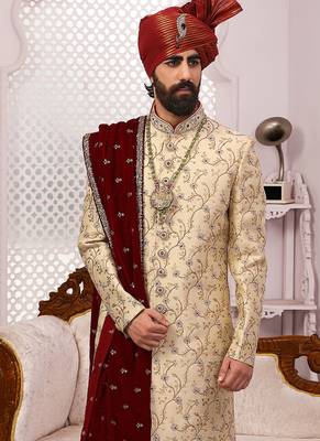 Gold embroidered art silk sherwani 2