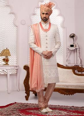 White embroidered art silk sherwani 1