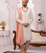 White embroidered art silk sherwani