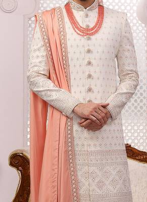 White embroidered art silk sherwani 2