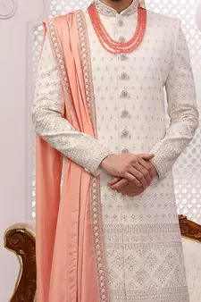 White embroidered art silk sherwani