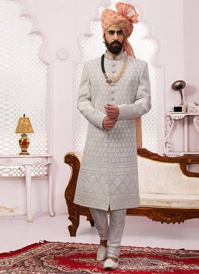 Grey embroidered art silk sherwani 1