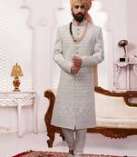 Grey embroidered art silk sherwani