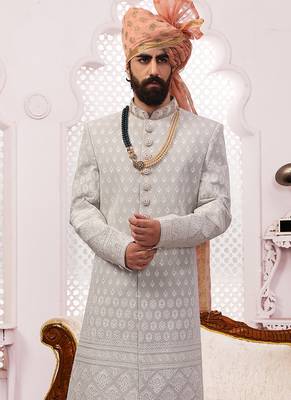 Grey embroidered art silk sherwani 2