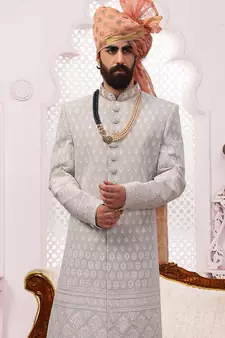 Grey embroidered art silk sherwani