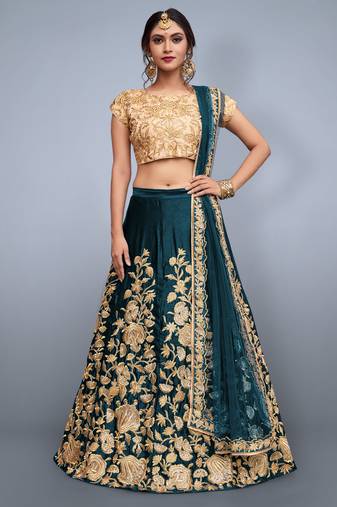 GREEN ZARI DORI & SEQUINS EMBROIDERED VELVET FESTIVE BRIDAL WEDDING & PARTY WEAR SEMI STITCHED LEHENGA CHOLI