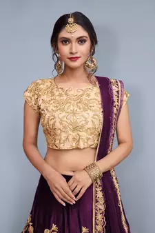 PURPLE ZARI DORI & SEQUINS EMBROIDERED VELVET FESTIVE BRIDAL WEDDING & PARTY WEAR SEMI STITCHED LEHENGA CHOLI